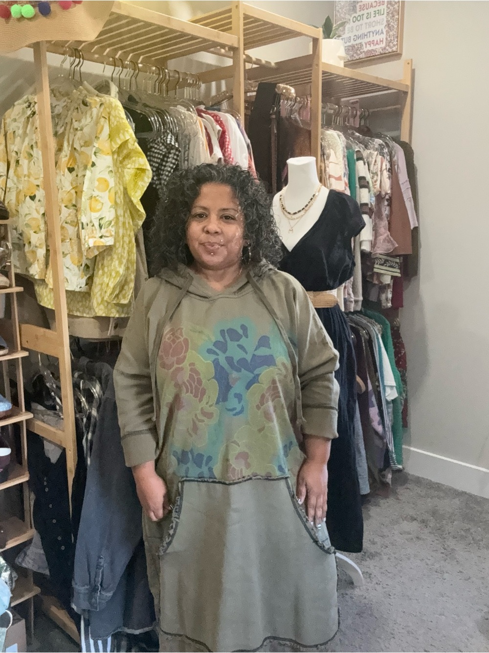 Olive Green Floral Hooded Knit Dress Sweater No Size